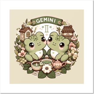 Gemini Zodiac Cottagecore Frogs Birthday Astrology Posters and Art